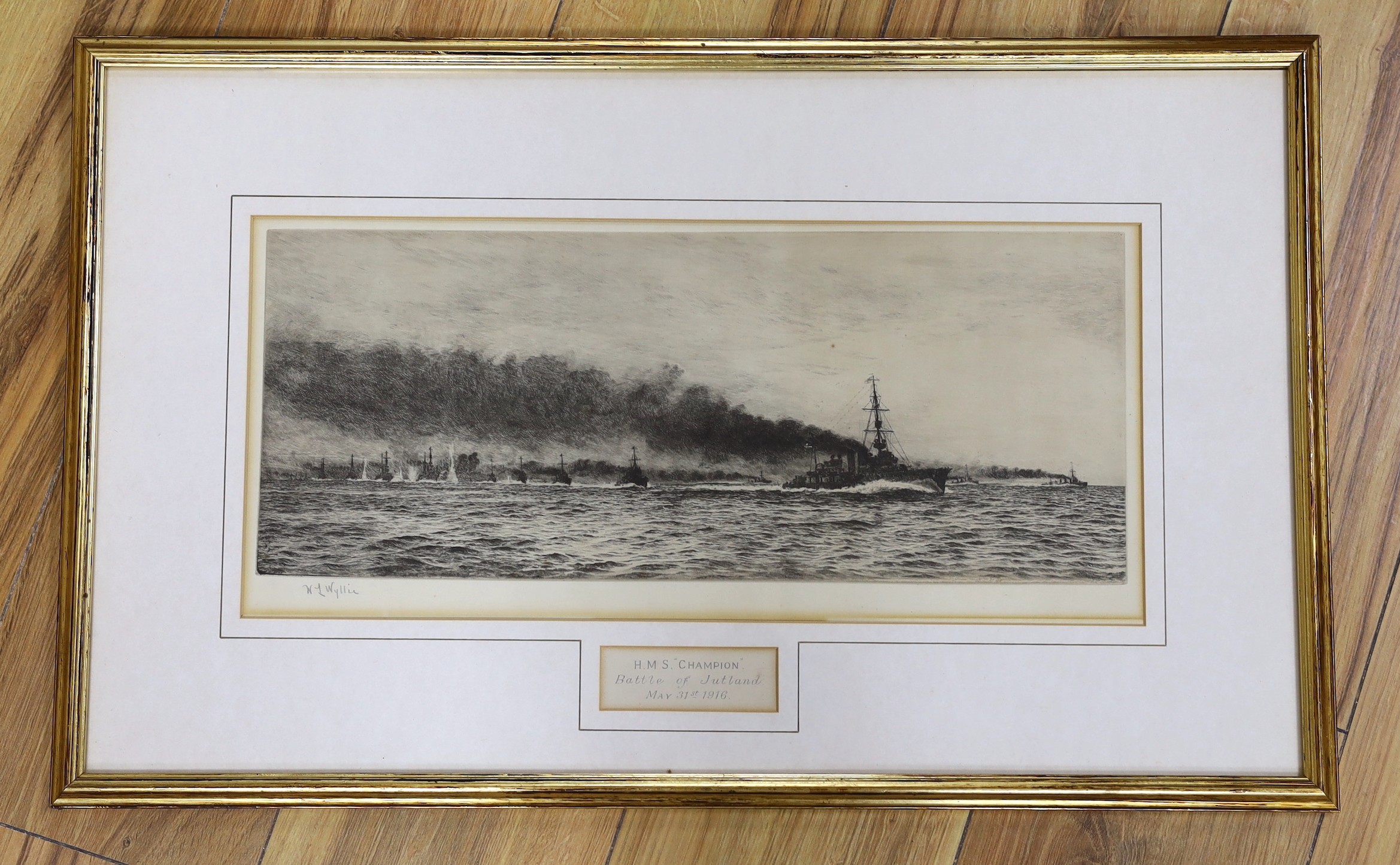 William Lionel Wyllie (1851-1931), etching, 'H.M.S Champion, Battle of Jutland 1916', signed in pencil, 17 x 42cm